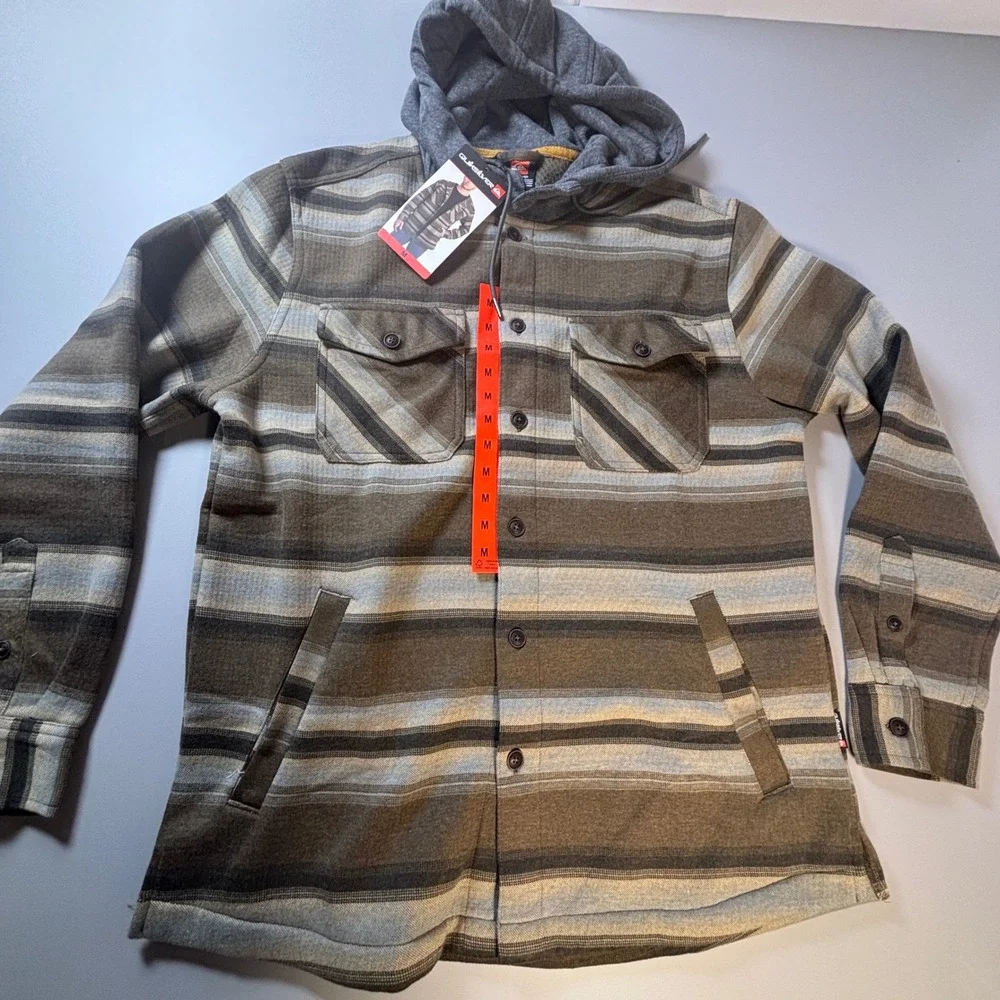 NWT Quiksilver Men's Striped Hooded Flannel Shirt Jacket Size Medium‎ Tan Brown
